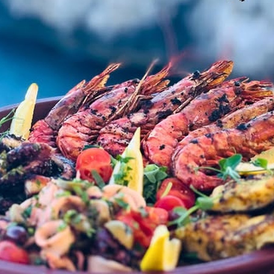 Chargrilled seafood platter in terracotta